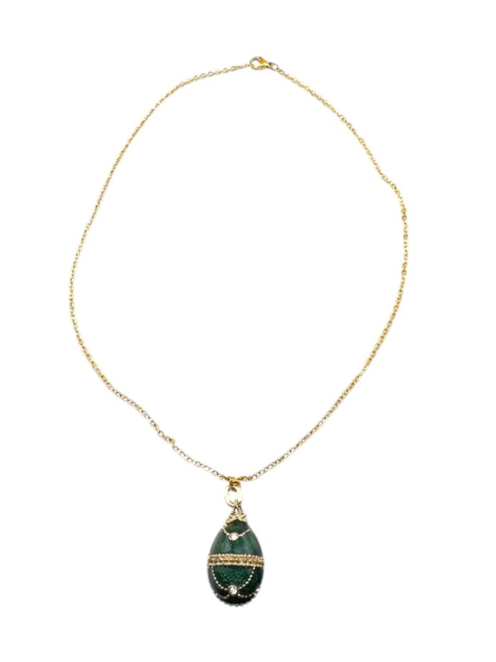 Fabergé-Style Emerald Green Egg Pendant Necklace Gold Tone Rhinestone Vintage 18